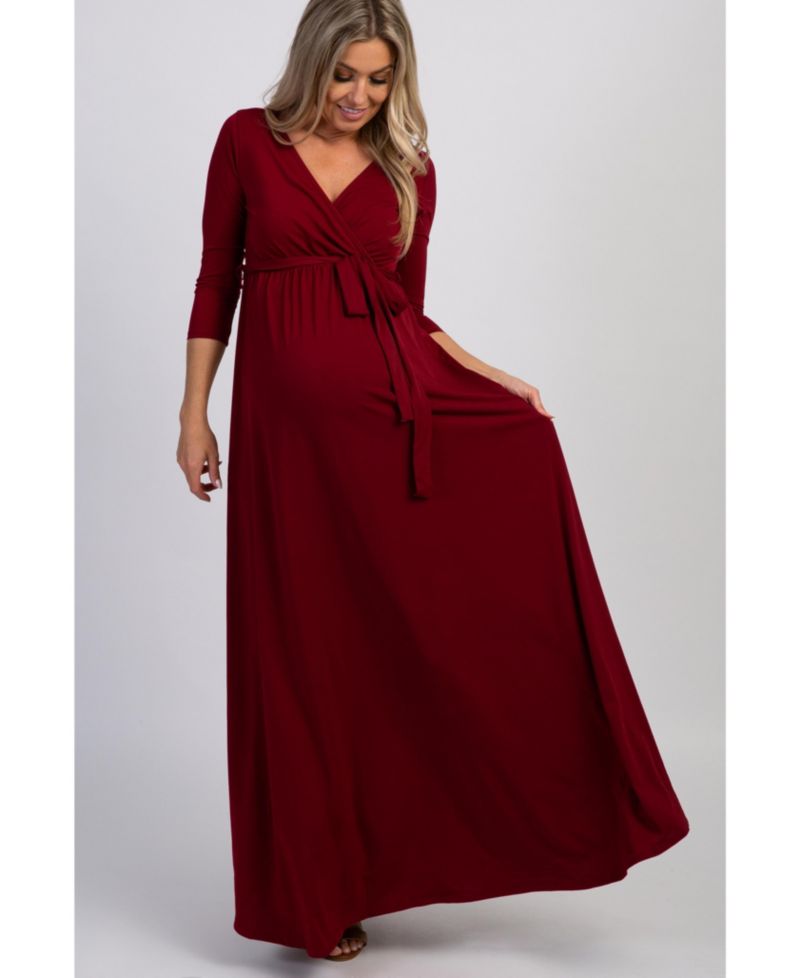 Women's Burgundy Draped 3/4 Sleeve Maxi Dress