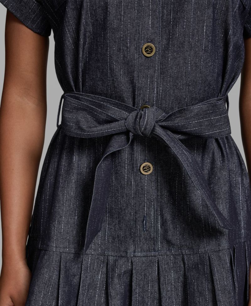 Women's Denim Pinstripe Collared Shirt-Dress