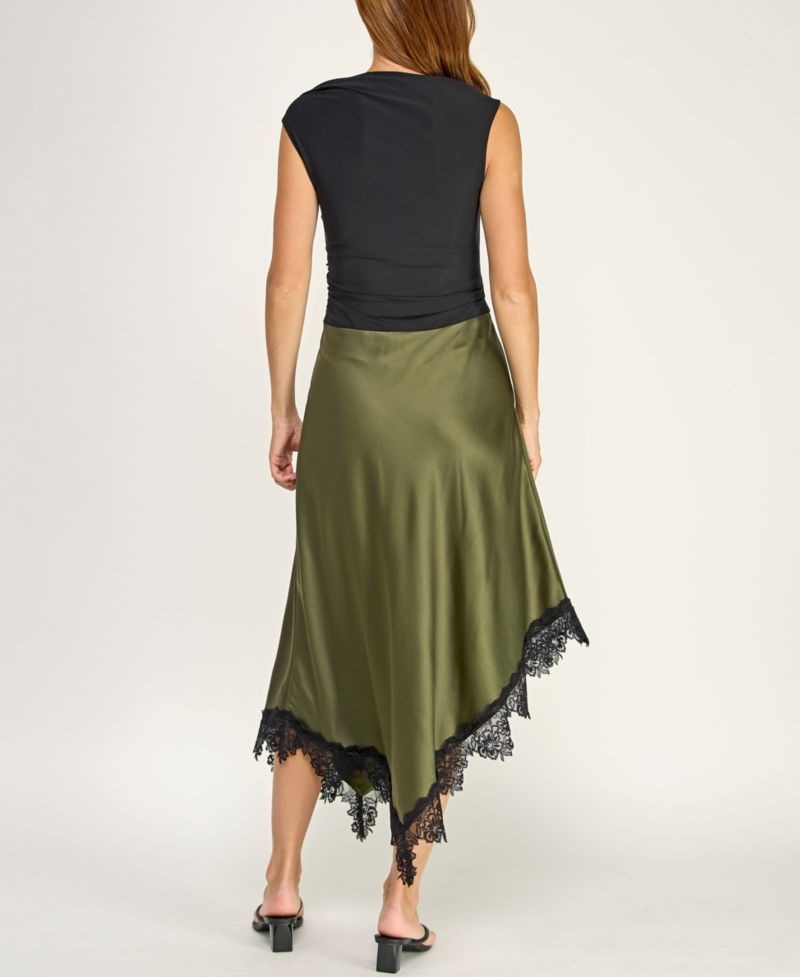 Juniors' Cowl Neck Assymetric Lace Trim Satin Skirt Midi Dress