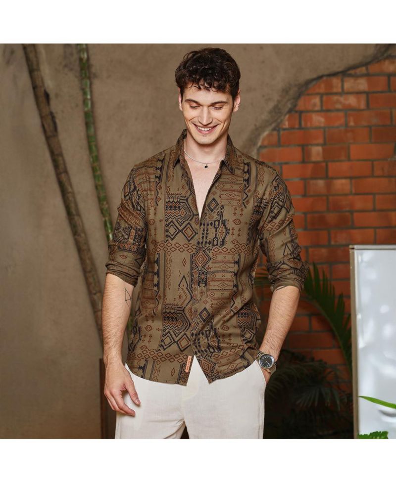 Men's Peanut Brown Aztec-Imprint Shirt