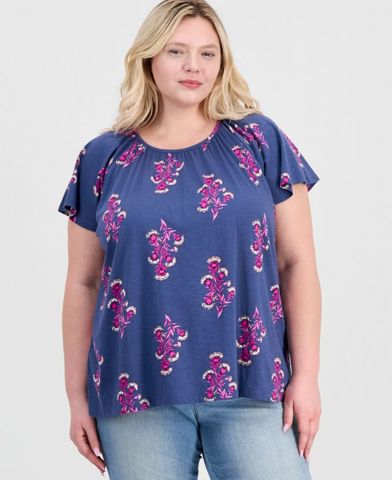 Plus Size Printed Scoop-Neck Flutter-Sleeve Top