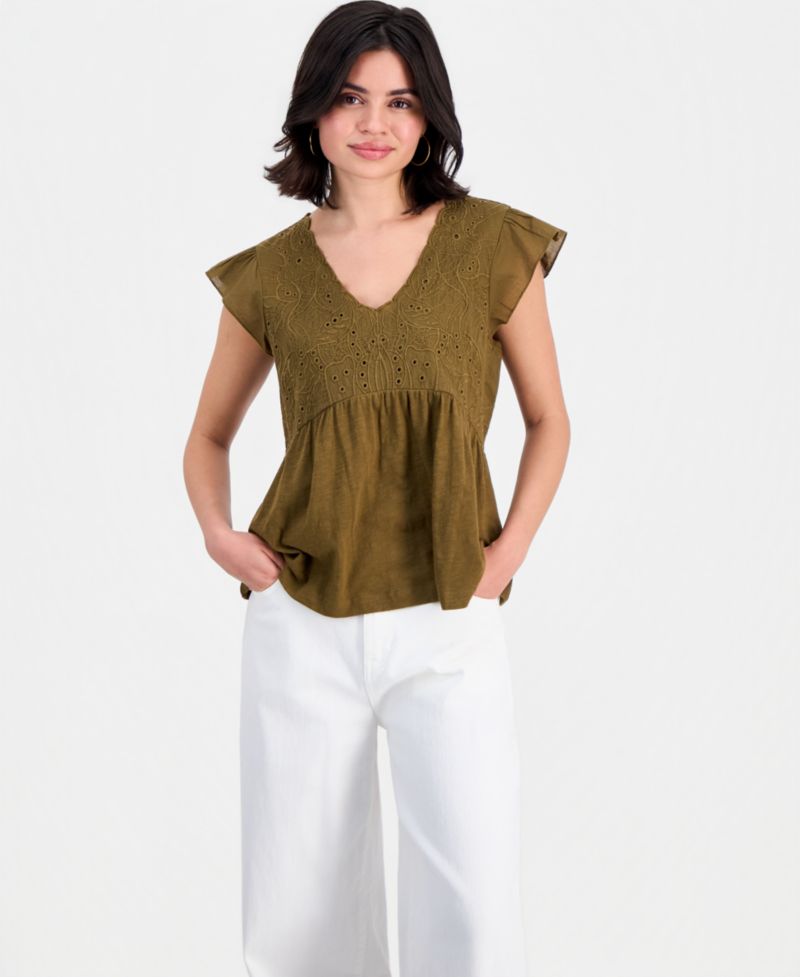 Petite Embroidered Cotton Flutter-Sleeve Top