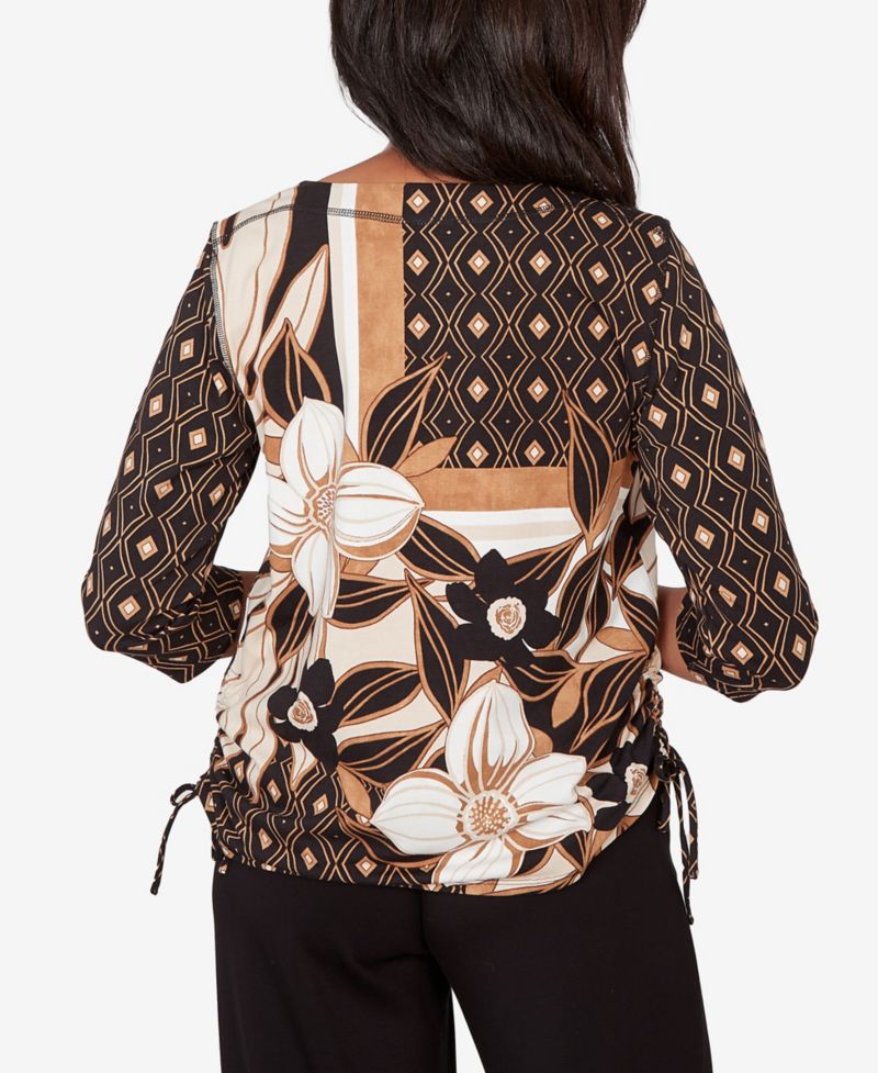 Women's Seville Floral Geometric Patchwork Side- Tie Crewneck Top