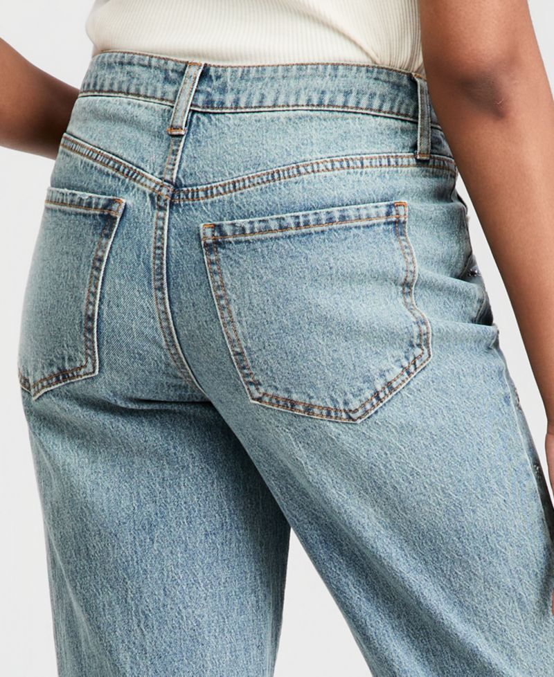 Petite High-Rise Distressed Embellished Straight-Leg Jeans