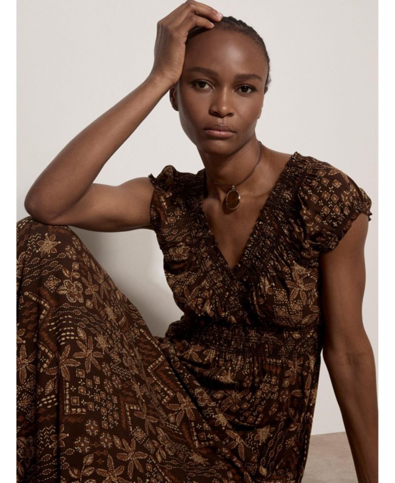 Women's Batik Star Flower V-Neck Cap-Sleeve Boho Maxi Dress
