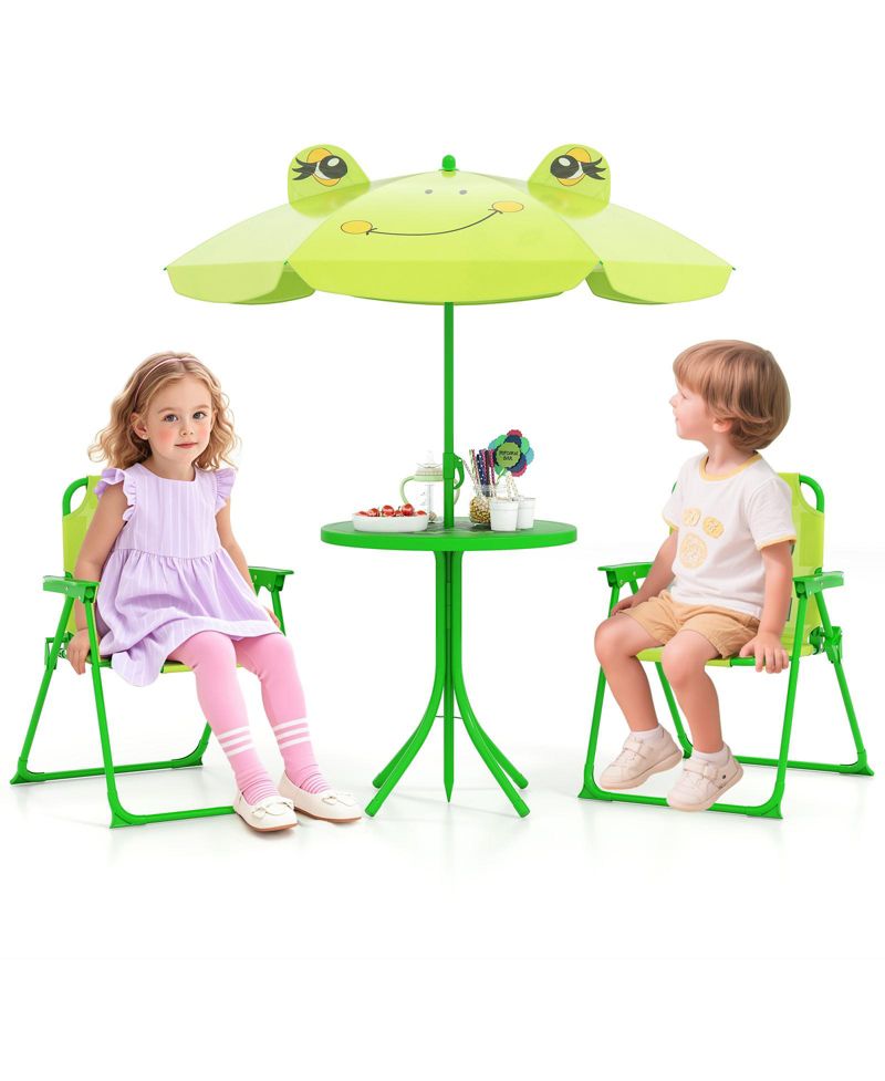 Kids Picnic Table and Chair Set w/ 2 Folding Chairs and Height Adjustable Umbrella