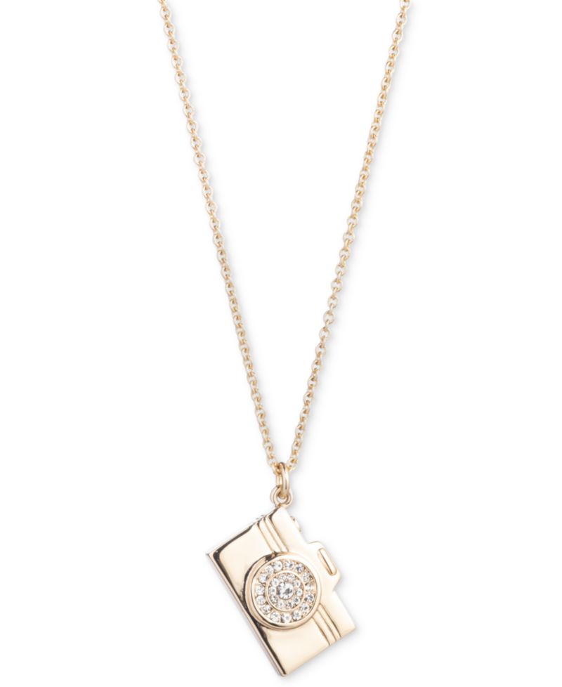 Gold-plated Pav&eacute; Camera Pendant Necklace, 16" + 3" extender