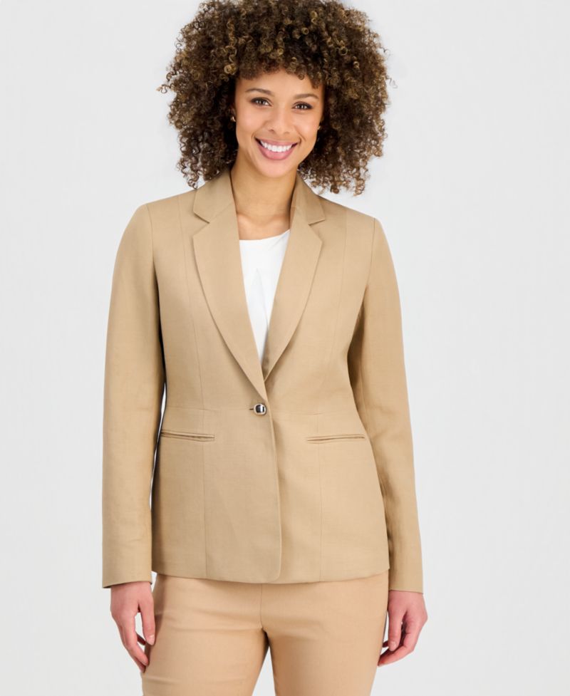 Women's Linen Notched Collar One-Button Blazer, Regular & Petite