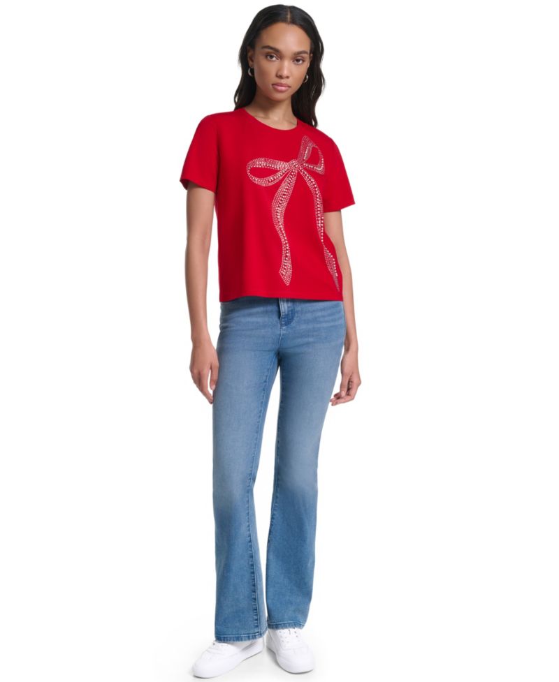 Women's Crystal Bow Rhinestone Short-Sleeve Top