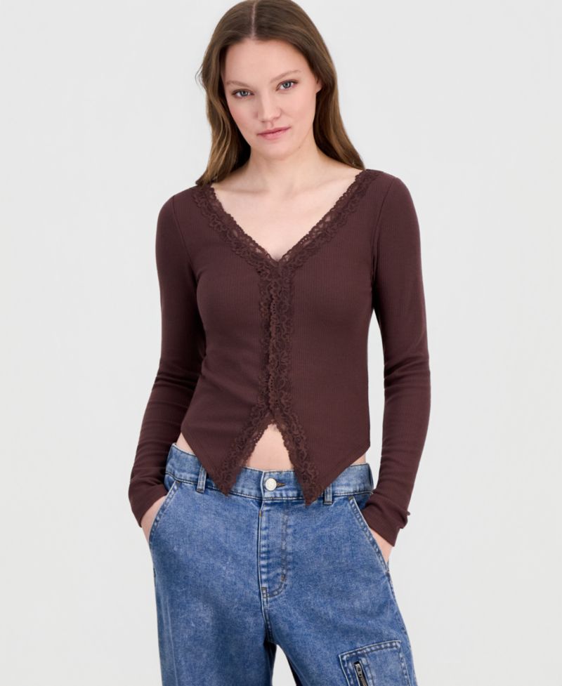 Juniors' Lace-Trim Long-Sleeve Ribbed Top