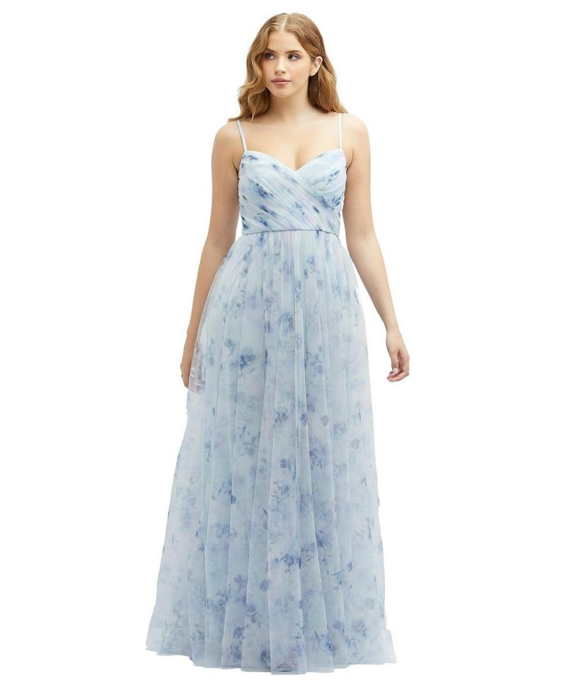 Ruched Wrap Bodice Tulle Dress with Long Full Skirt