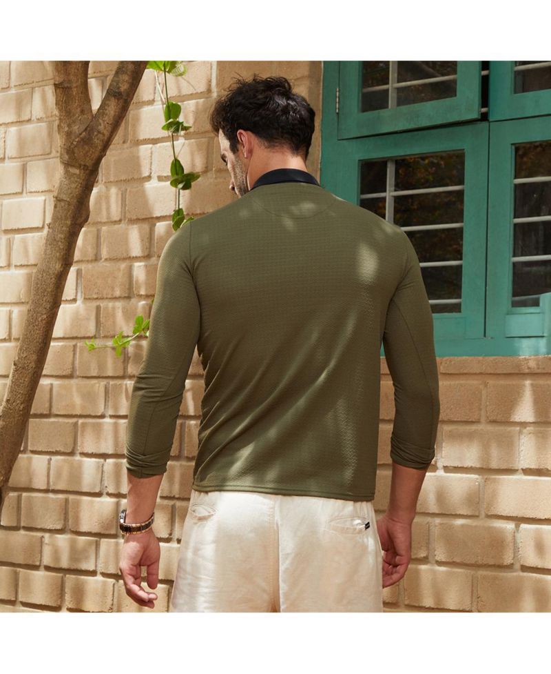 Men's Olive Green Obsidian Black Textured Cuban Polo T-Shirt