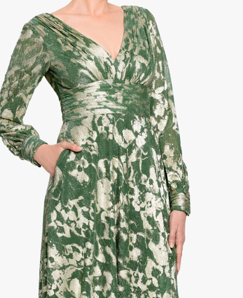 Women's Long-Sleeve V-Neck Metallic Floral Gown
