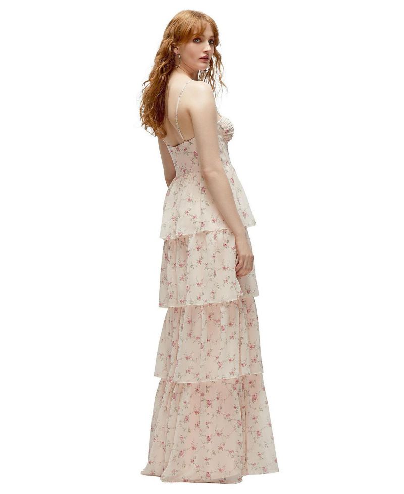 Bustier-Style Chiffon Tiered Ruffle Maxi Dress with Adjustable Straps