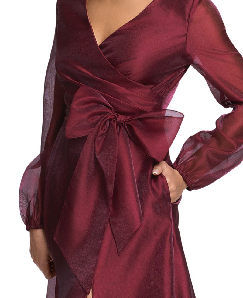 Women's V-Neck Long Sleeve Metallic Organza Gown