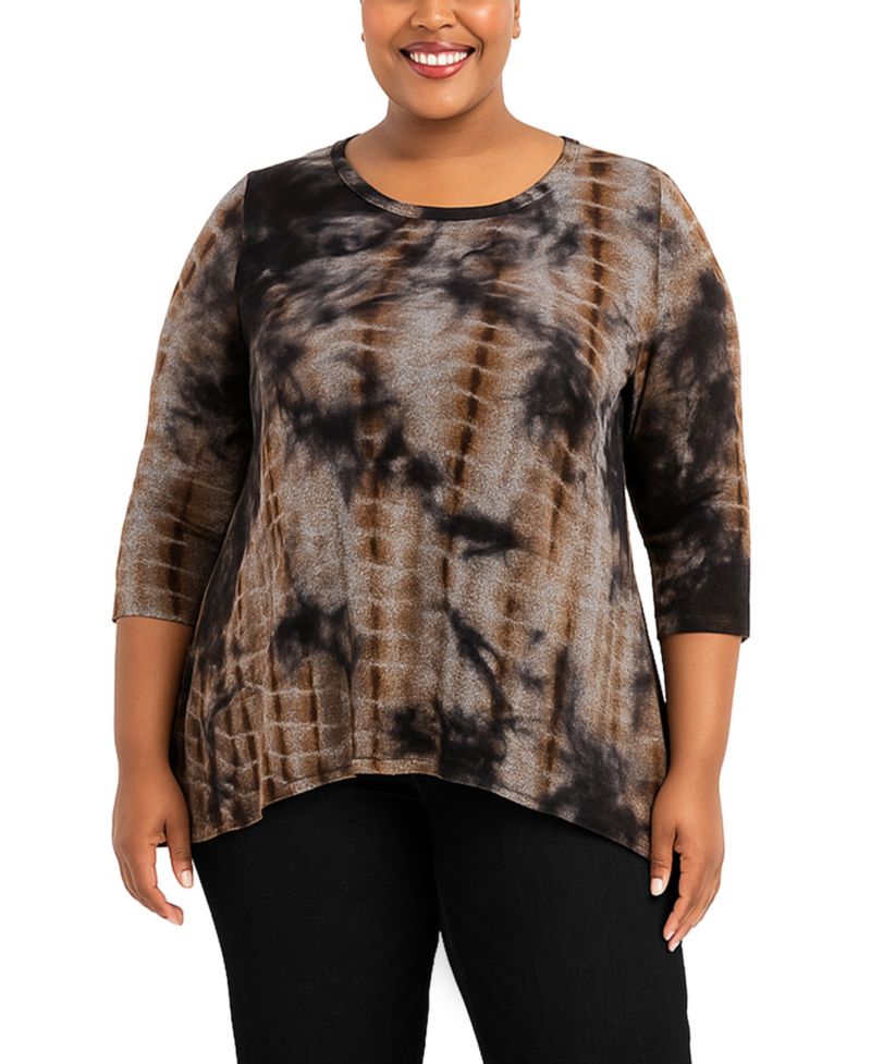Plus Size Tie Dye Cozy Button Back 3/4 Sleeve Top