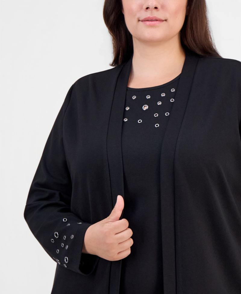 Plus Size Open-Front Grommet-Trim Cardigan