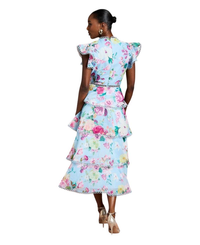 Women's Lace Trim Tiered Organza Midi Dress