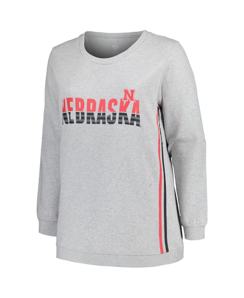Women's Heather Gray Nebraska Huskers Plus Size Side Stripe Pullover Sweatshirt
