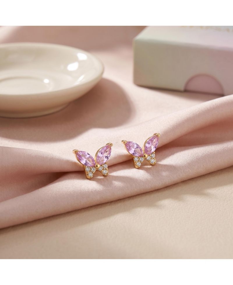 Dainty 14k Gold Plated Soft Pink CZ Butterfly Stud Earrings