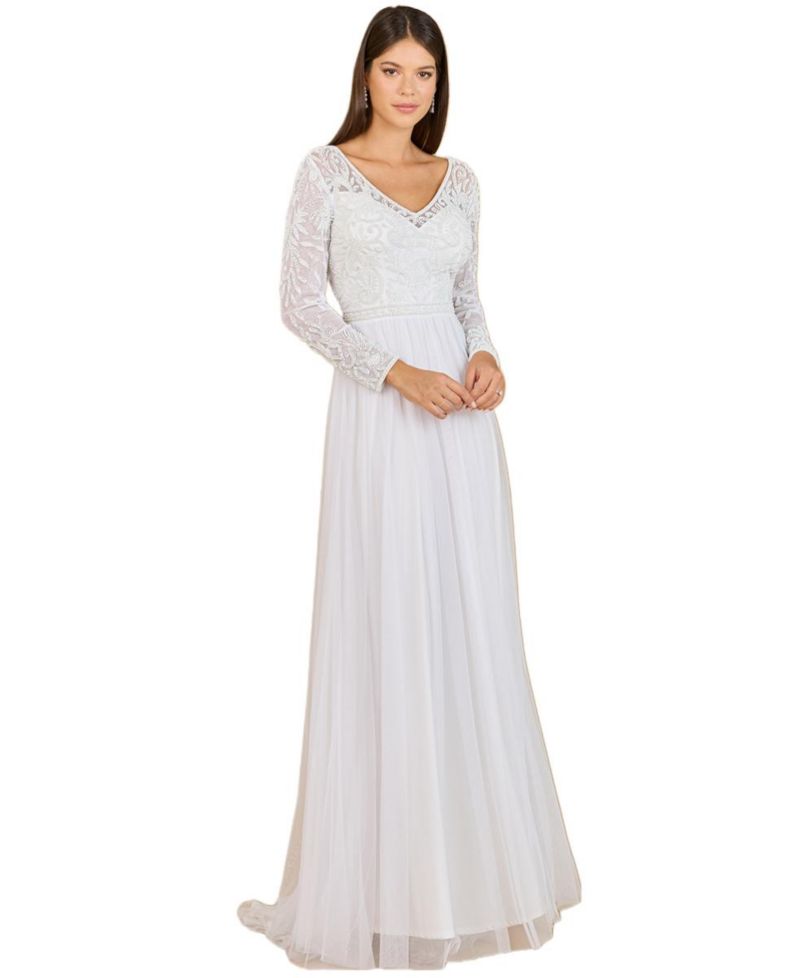 Women's Long Sleeve Bridal Gown with Flowy Skirt