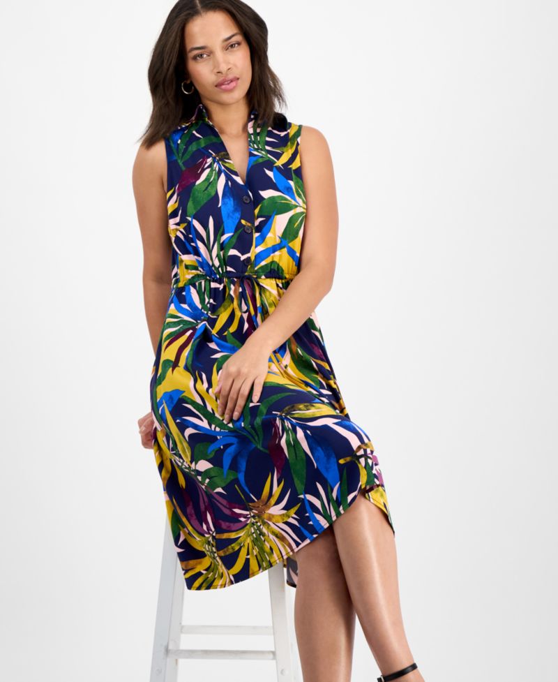Petite Printed Sleeveless Collared Shirtdress