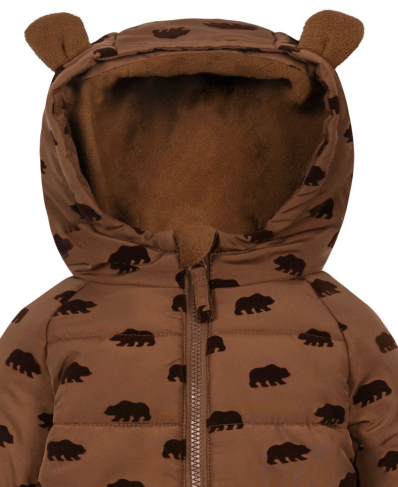 Baby Boys' Flocked Bear-Print Fleece-Lined Hood Easy-On/Easy-Off Snowsuit