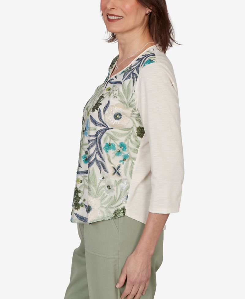 Petite Sequined Floral Mesh Overlay Knit Top