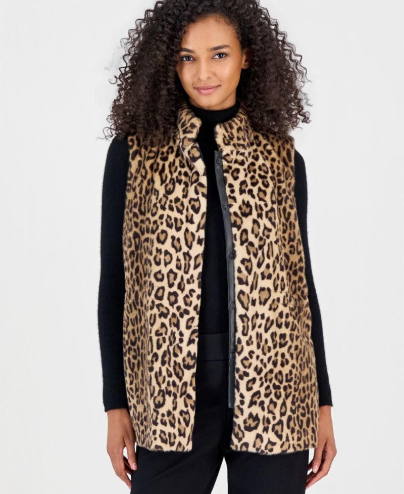 Women's Elastic-Waist Snap Front Leopard-Print Faux Fur Vest