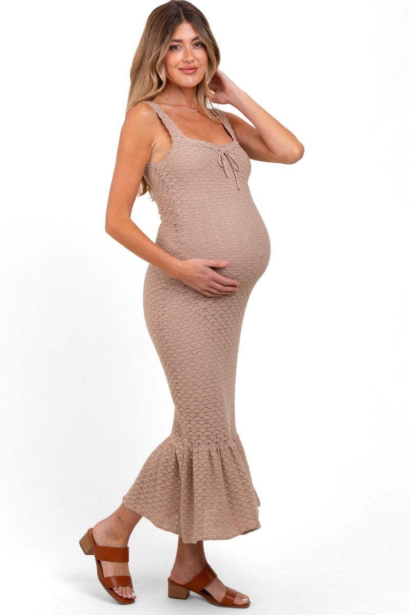 Women's Crochet Knit Front Tie Midi Dress