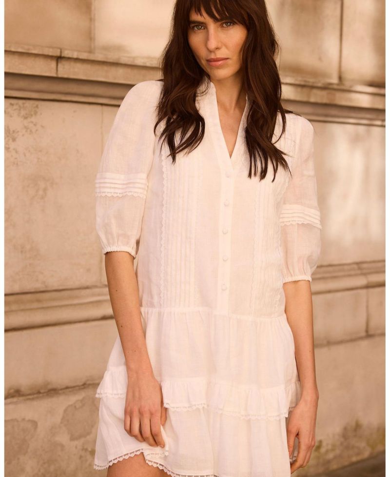 Women's Ruffle V-Neck Short-Sleeve Ramie Mini Dress
