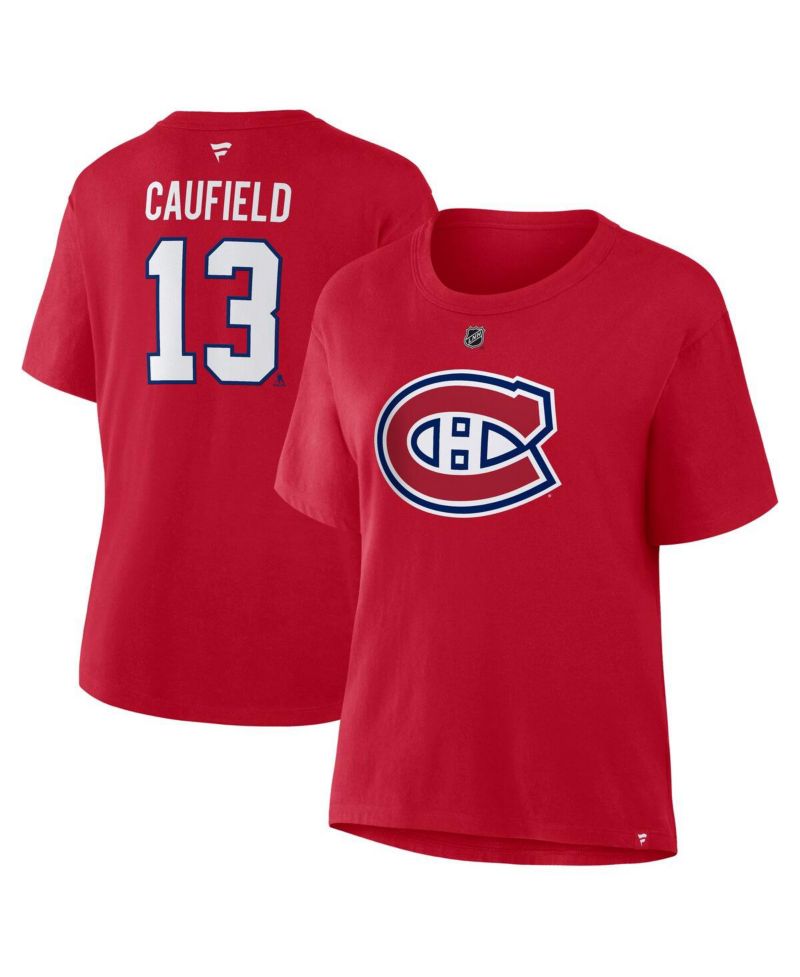 Women's Cole Caufield Red Montreal Canadiens Authentic Stack Name & Number T-Shirt