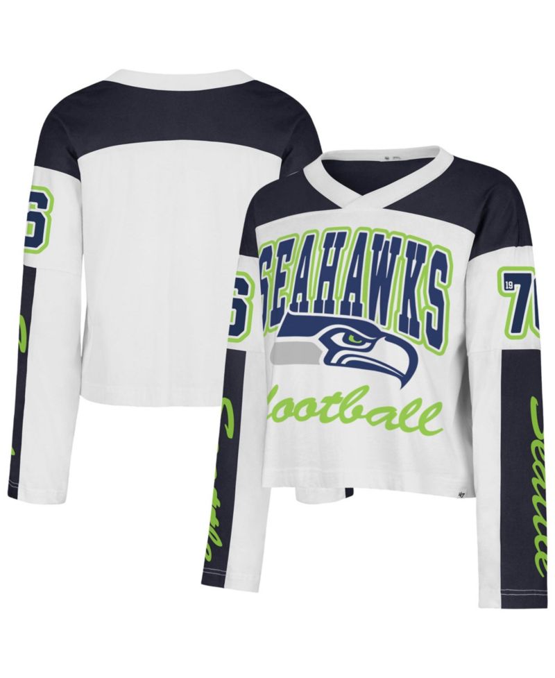 Women's '47 White Seattle Seahawks Exclamation Metro V-Neck Long Sleeve Jersey T-Shirt