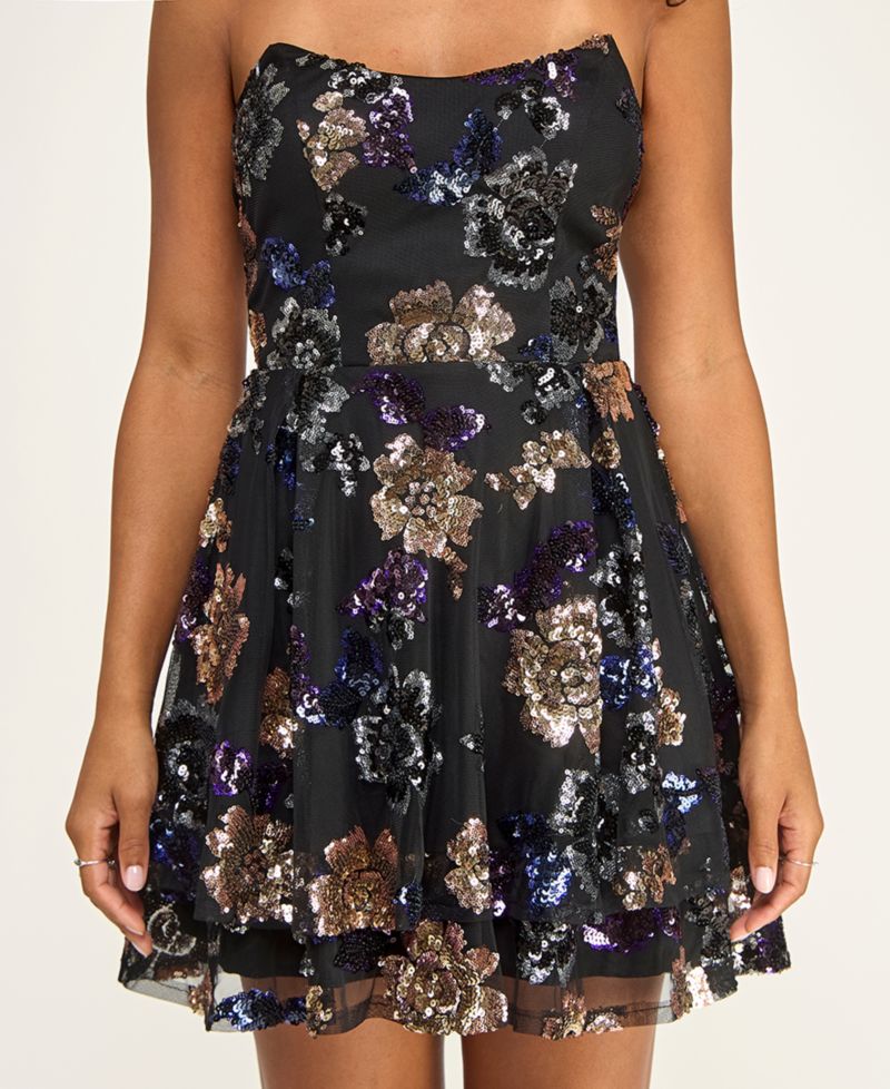 Juniors' Lace-Up Back Strapless Sequined Floral Mini Dress
