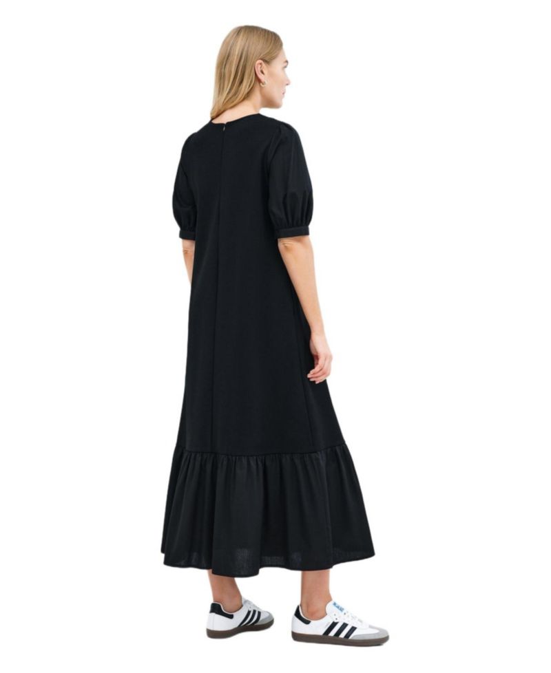 Women's Olivia Puff-Sleeve Crew-Neck Midi Dress with Pockets