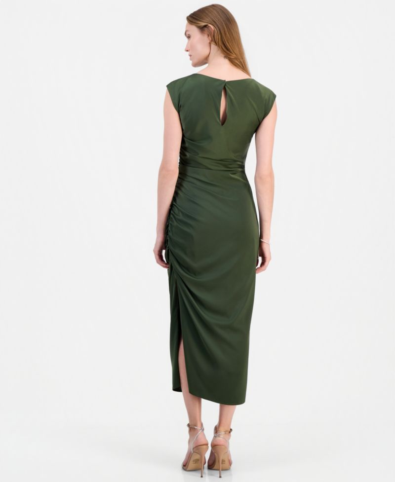 Felicity Ruched Satin Side Slit Midi Dress