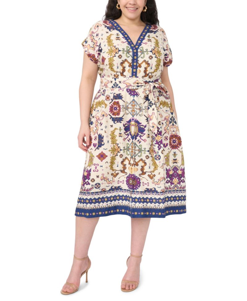Plus Size V-Neck Short-Sleeve Midi Dress