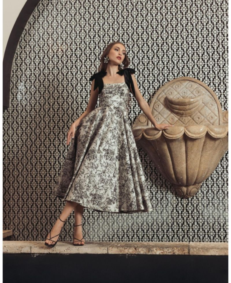 Women's Floral Brocade A-Line Midi Dress with Bow Straps
