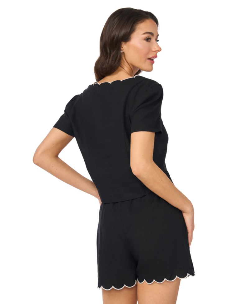 Women's Linen-Blend Short-Sleeve V-Neck Scallop Edge Top
