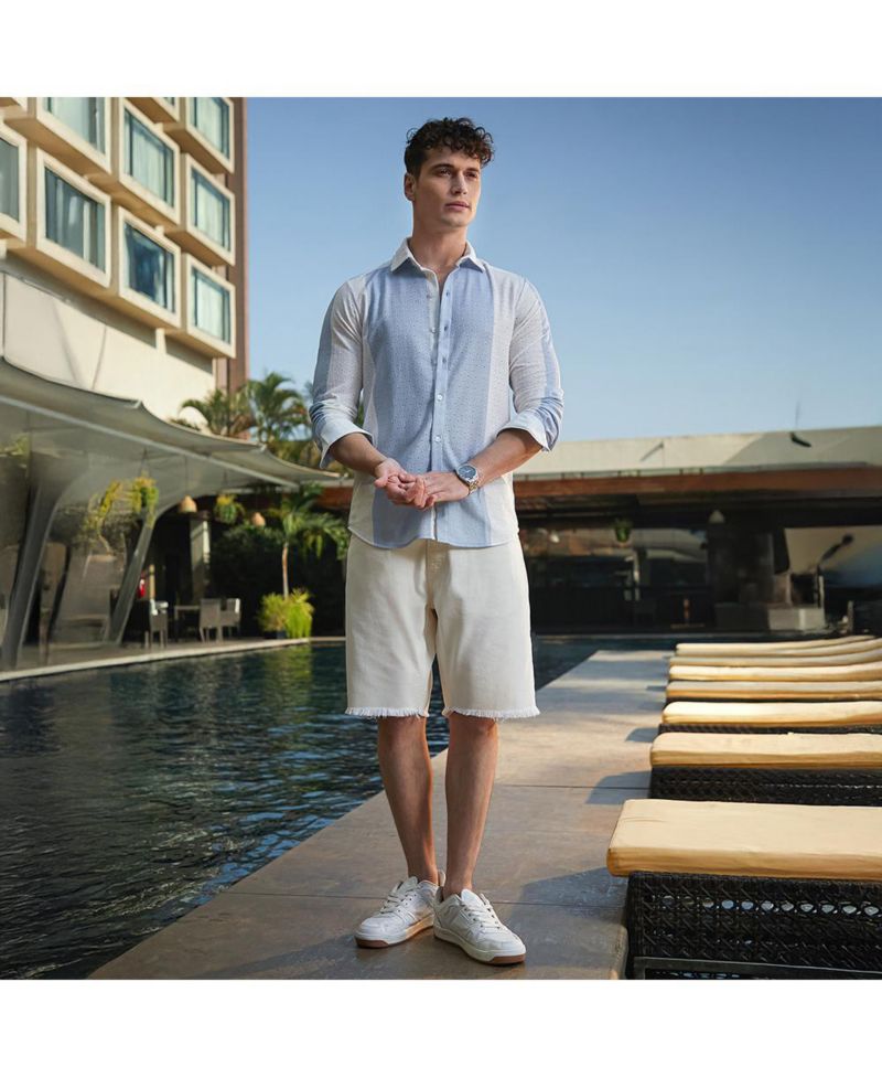 Men's Powder Blue & Daisy White Panel-Tactile Shirt
