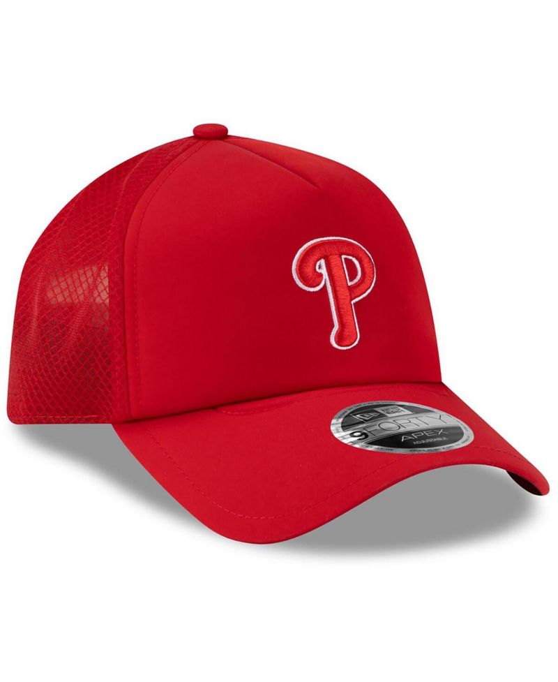 Men's Red Philadelphia Phillies 2026 Batting Practice Apex 9FORTY Adjustable Trucker Hat