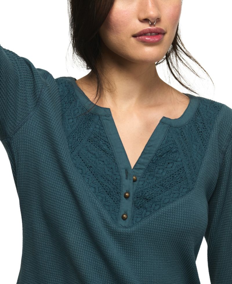Women's Trim Mix Long-Sleeve V-Neck Lace-Trim Henley Top