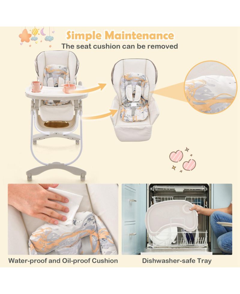 Baby High Chair with Wheel Folding Baby Dining Adjustable Height