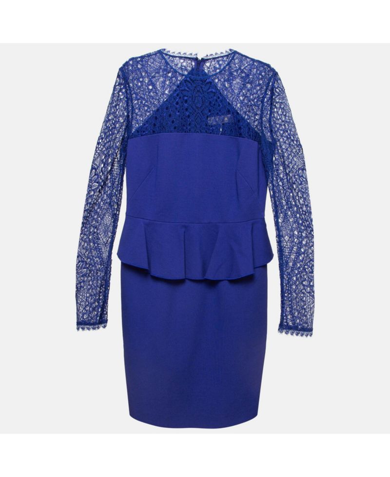 Women's Blue Lace-Trim Stretch Crepe Peplum Pencil Dress