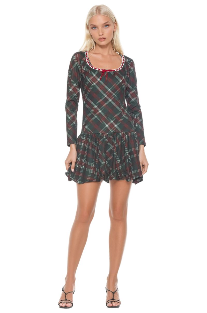 Women's Rach Plaid Scoop Neck Lace Insert Detail With Bow Dress