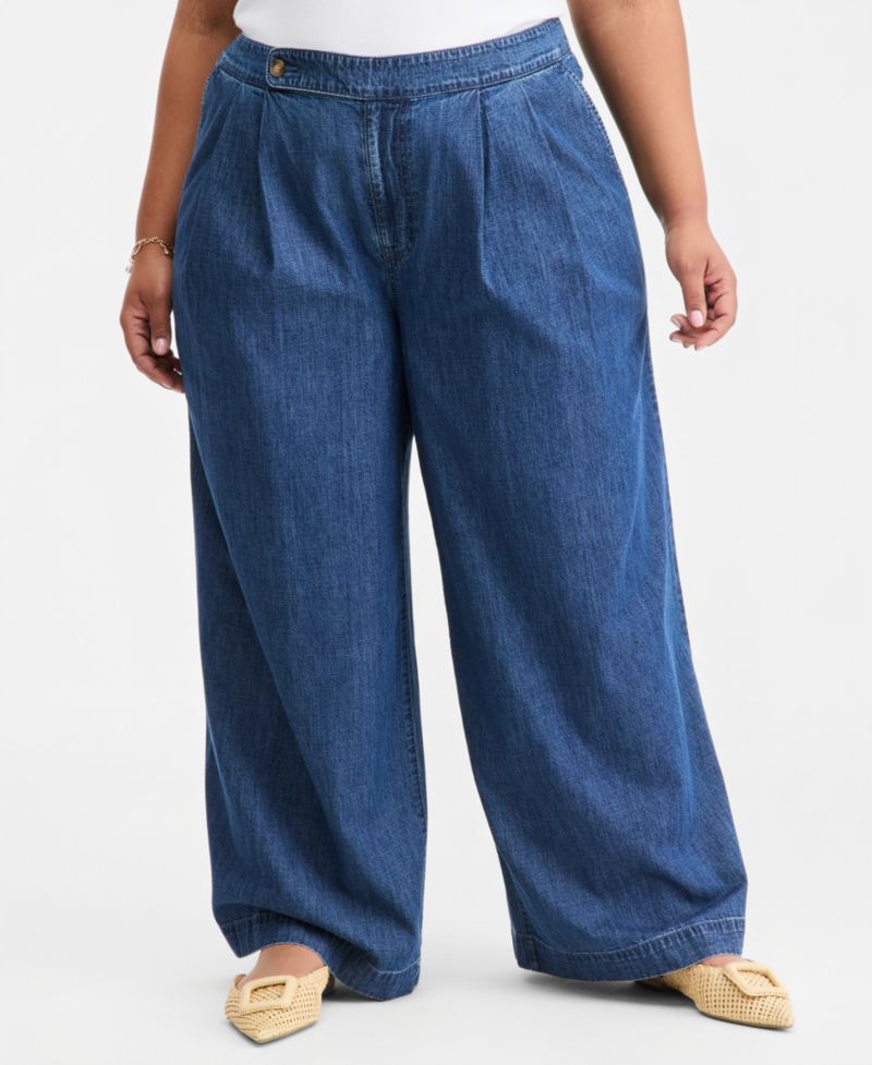 Trendy Plus Size High-Rise Pleated Wide-Leg Jeans