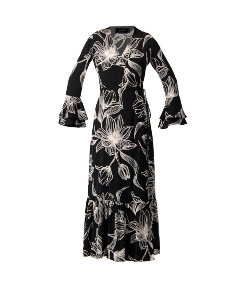 Women's Long Black Dress with Floral Print