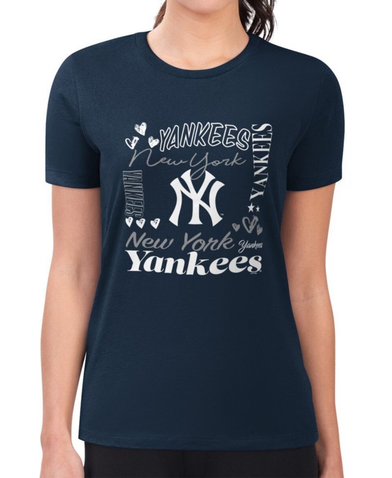 Women's Navy New York Yankees Super-Slim Fit Lightweight Collage Team Graphic Crew Neck T-Shirt