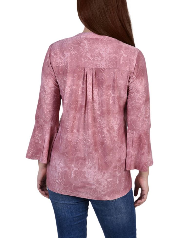 Petite 3/4 Bell Sleeve Printed Pleat Front Y-neck Top