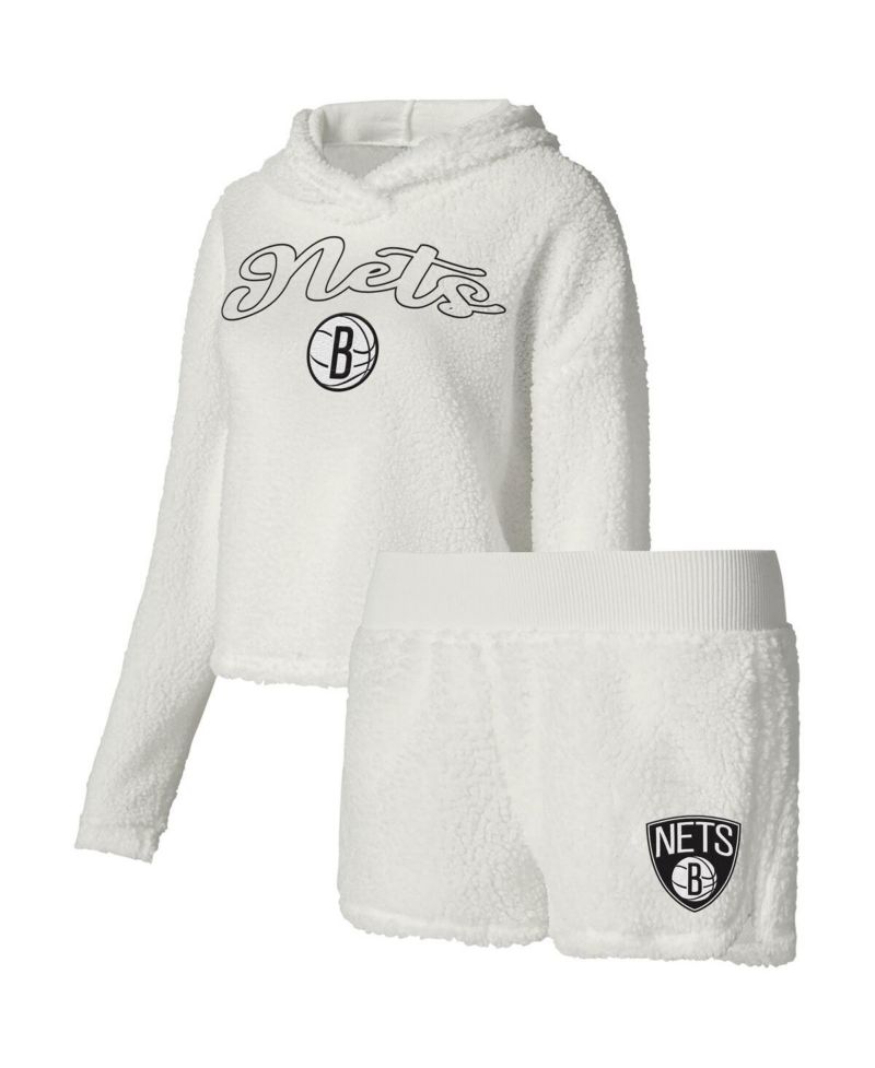 Women's Cream Brooklyn Nets Fluffy Long Sleeve Hoodie T-Shirt Shorts Sleep Set